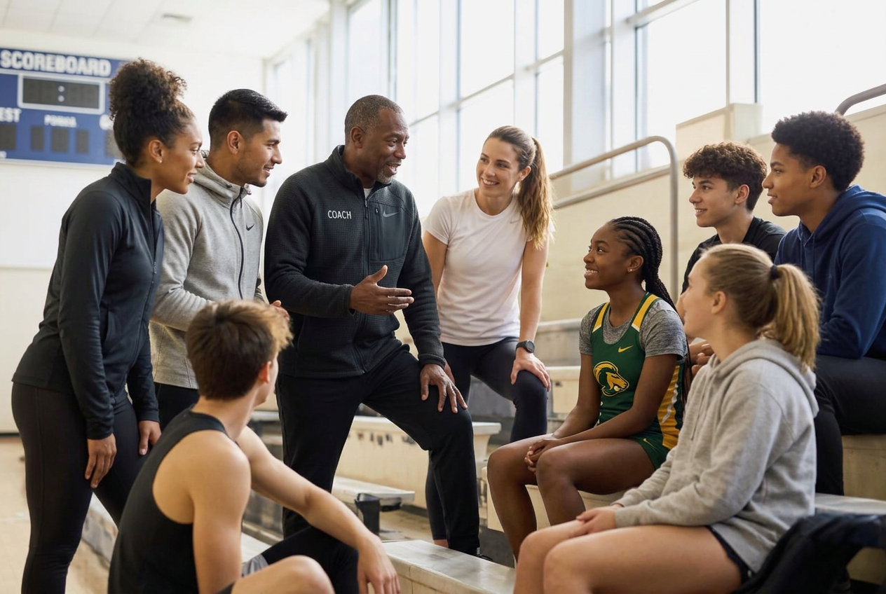 An accomplished adult athlete talking with a younger student-athlete on a court