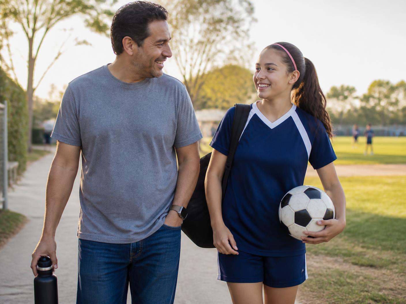 A father walking and talking with his teenage daughter in soccer gear after practice