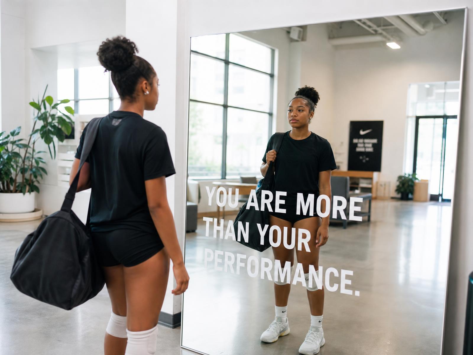 A teenage girl athlete standing beside a full-length Reflection Mirror™ reading You are more than your performance, inside a bright sports facility