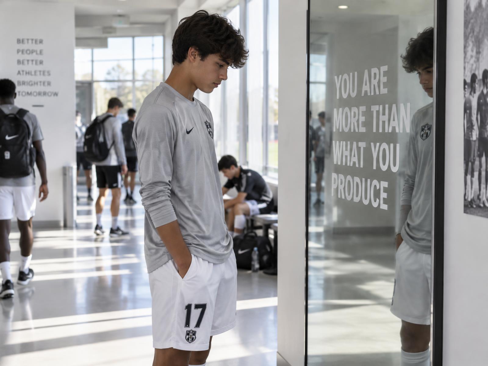 A teenage boy athlete standing beside a full-length Reflection Mirror™ reading You are more than what you produce, in a bright sports facility hallway