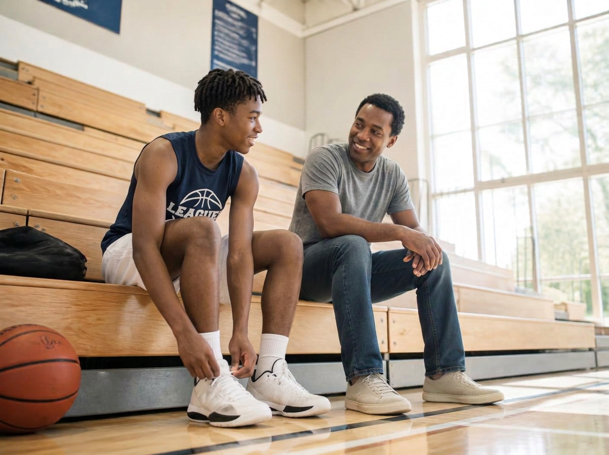 A teenage athlete tying his shoes on sunlit gym bleachers while a Black coach sits nearby, talking with him
