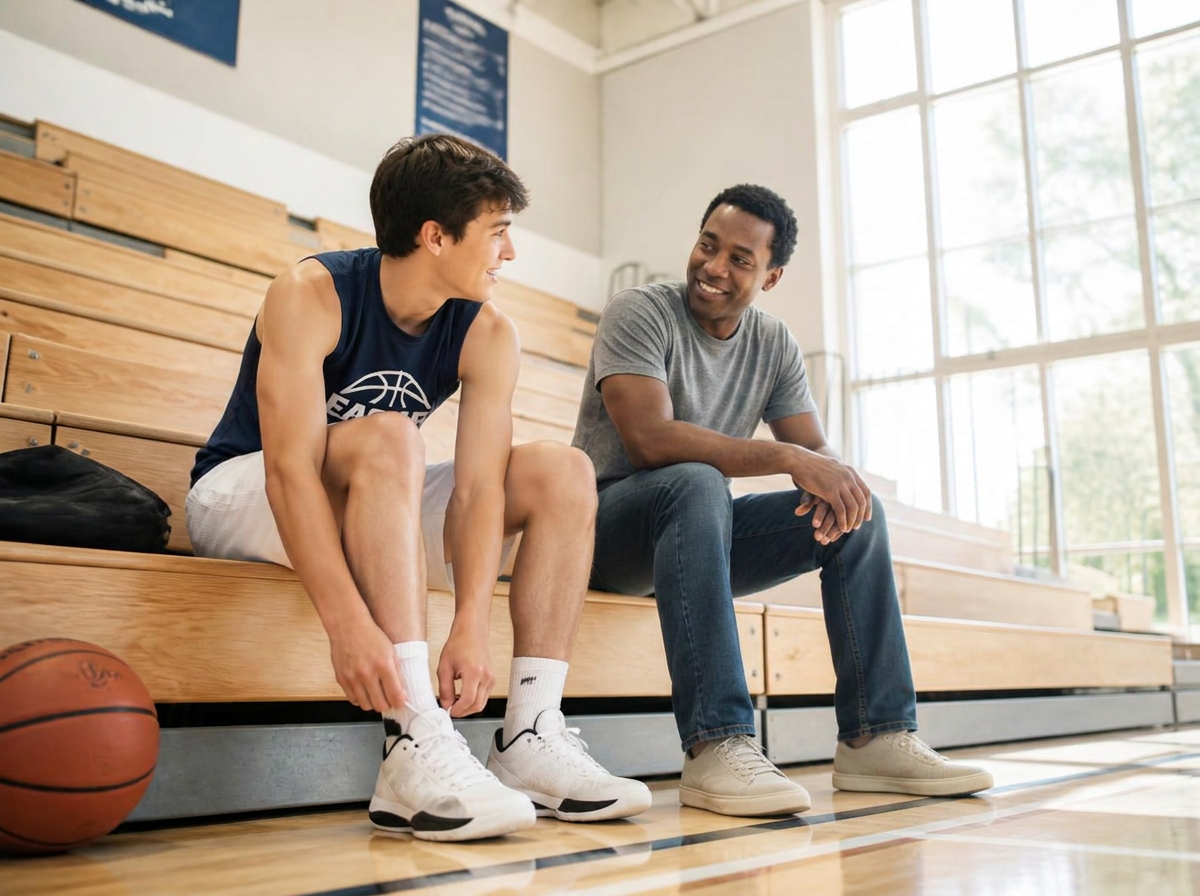 A teenage athlete tying his shoes on sunlit gym bleachers while a Black coach sits nearby, talking with him