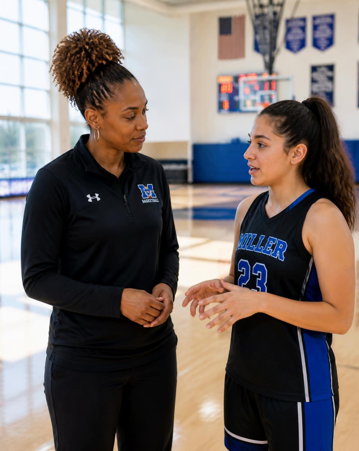 A teenage athlete talking with her coach at the side of a sunlit gym