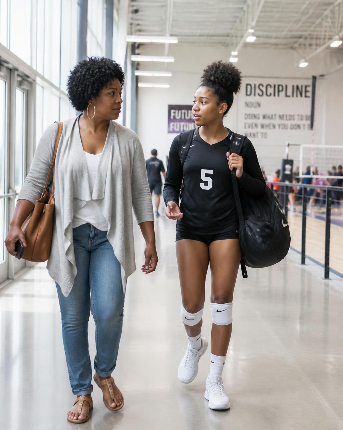 A mother walking beside her teenage daughter after a volleyball practice