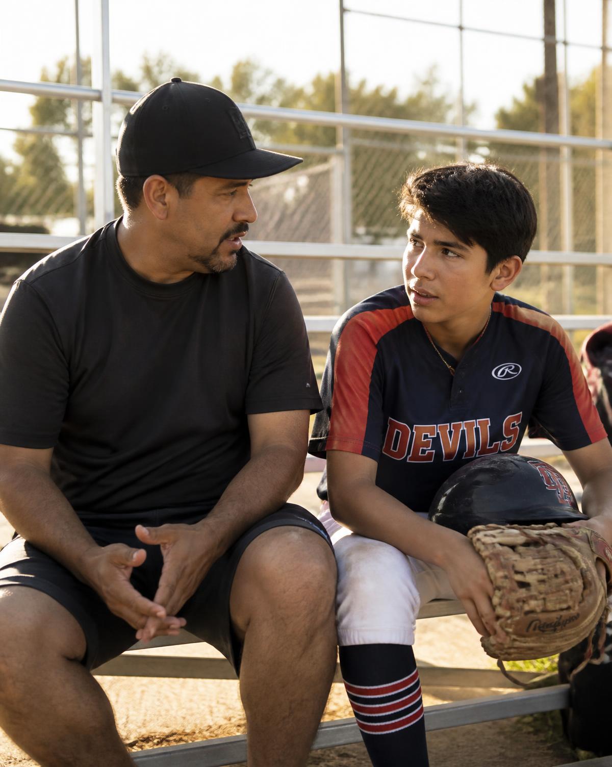 A father talking with his teenage son on the bleachers after baseball practice