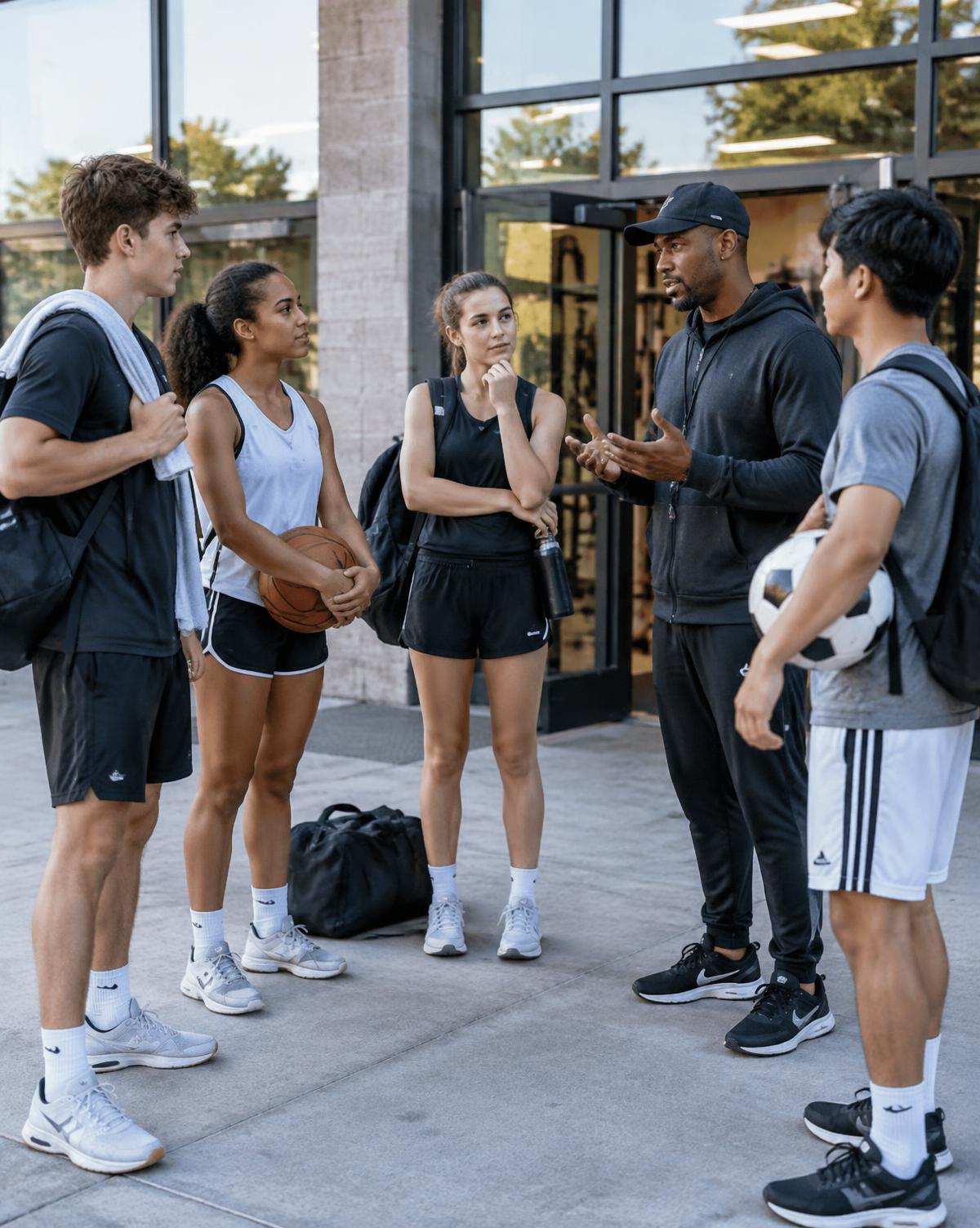 A coach talking with a mixed group of teenage athletes outside a gym