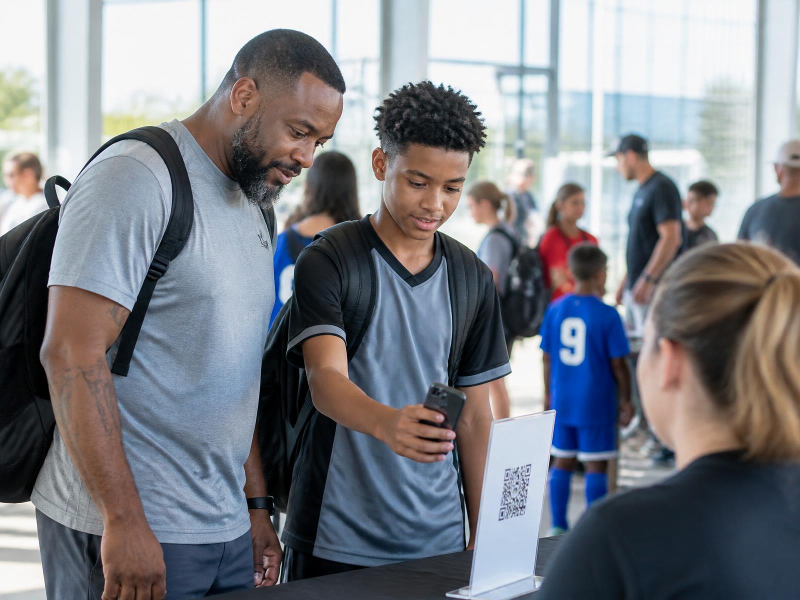 A father and son scanning an activation QR code at a tournament check-in table