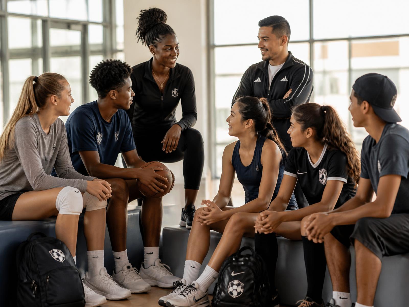 An accomplished adult athlete sitting on bleachers talking with a group of teenage athletes