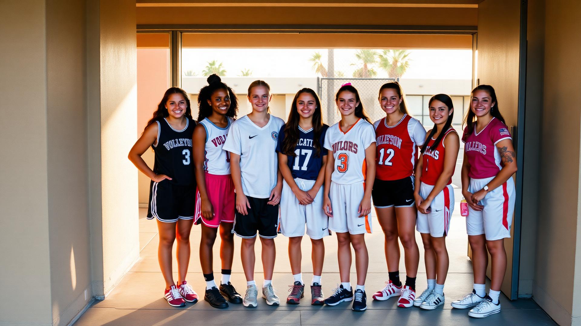 Girl athletes from several sports standing together in a gym doorway