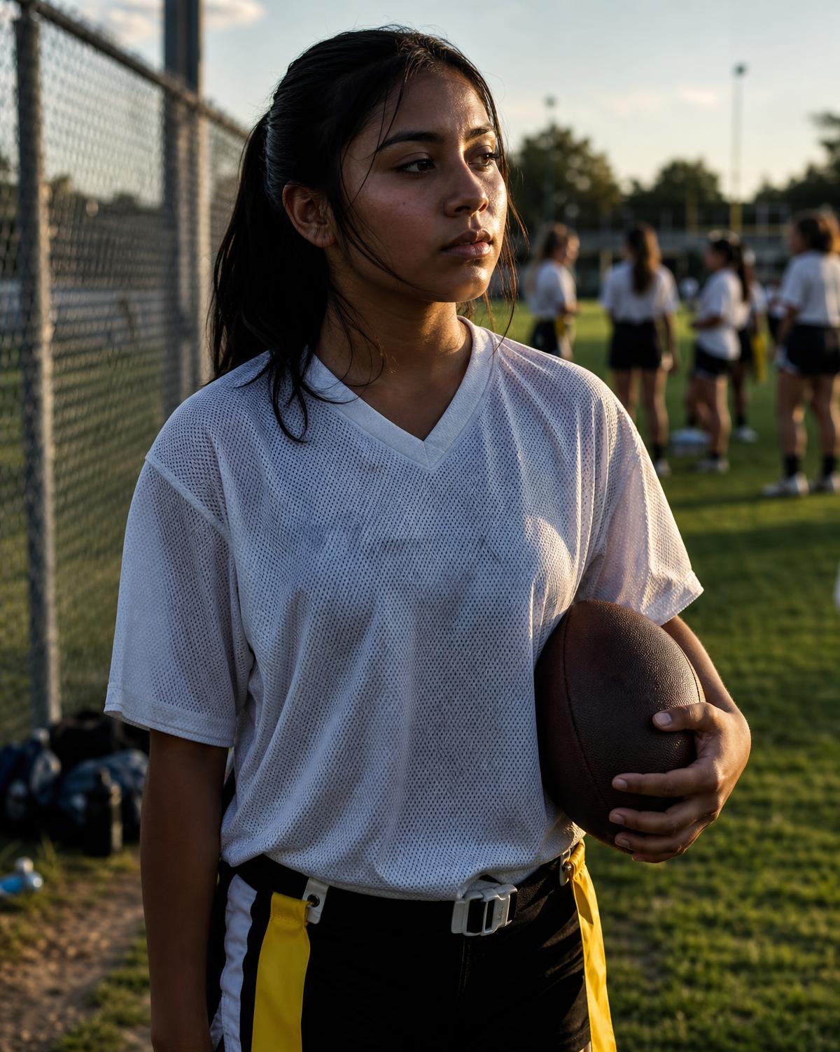 A Latina high school girls flag football player standing quietly near the sideline after practice, holding a football