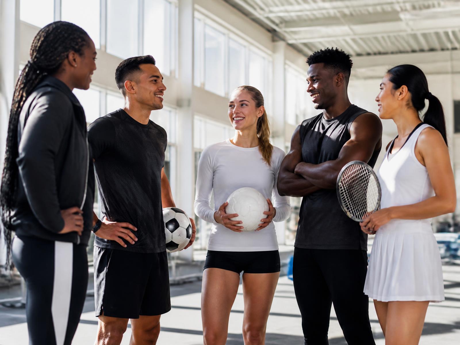 Accomplished adult athletes from track, soccer, volleyball, football and tennis talking together in a bright training facility